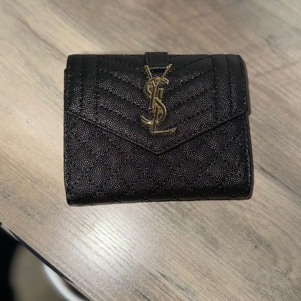 Yves Saint Laurent Textured Black Wallet with Gold Logo